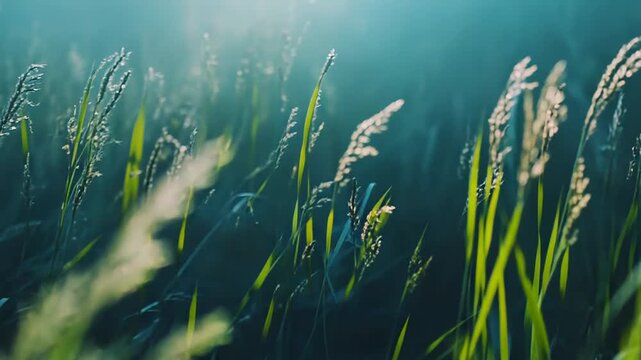Tall, ethereal grass and plant stems capturing bright, diffused sunlight through a misty atmosphere, creating a serene and tranquil natural scene with green and blue tones