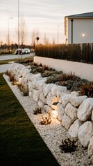 A stone retaining wall with small lights and plants, fronting a house on a street