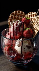 A glass sundae features ice cream, strawberries, syrup, sprinkles, and waffle cookies
