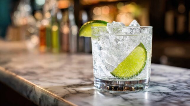 Refreshing gin and tonic with lime on marble countertop.