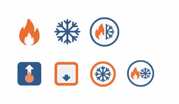 Hot and cold flame and snowflake icon set for heating and cooling systems