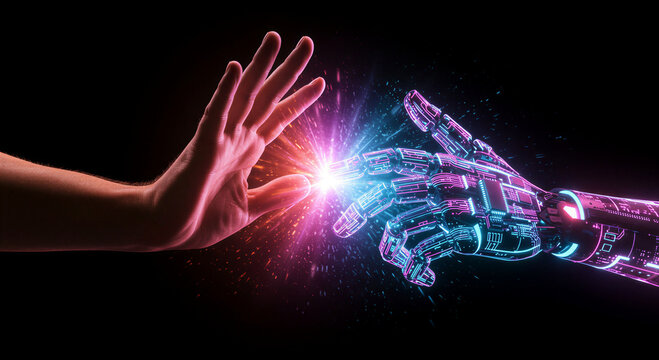 Human hand reaching toward robotic hand with glowing energy burst. Symbol of artificial intelligence meeting humanity in futuristic fusion. Concept of technology integration and human machine