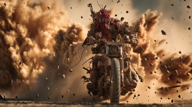 A fearless wasteland rider launches violently out of a towering wall of sandstorm on a heavily modified motorcycle, the front wheel lifted high in mid-air as both rider and machine erupt in a storm of