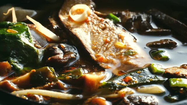 Hot bowl of traditional japanese ramen with chicken, mushrooms, seaweed, and noodles simmering in a flavorful broth, showcasing a delicious and authentic asian culinary experience. Macro footage