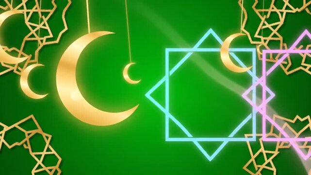 Vibrant green background with gold crescent moons, stars, and geometric shapes in blue and pink neon lights.