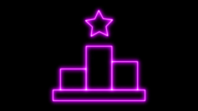 Glowing purple neon icon of a winner's podium with a shining star at the top, representing achievement, success, and competition victory, isolated on black background.