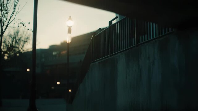 Concrete wall and metal railing creating an underpass passage, illuminated by warm sunlight from a street lamp during golden hour, reflecting a moody urban scene