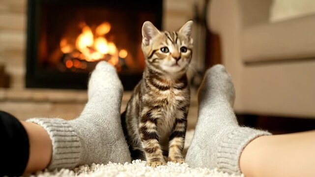 Adorable Kitten Relaxing by Fireplace - A cute tabby kitten sits between two feet in cozy socks, looking upwards.