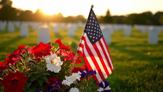 American Flag and Flowers at Cemetery Sunset - A vibrant video featuring an American flag and colorful flowers set against a cemetery backdrop at sunset.
