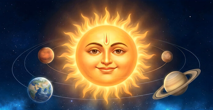 "Surya Dev Lord Sun with Solar System Planets in Space Illustration"