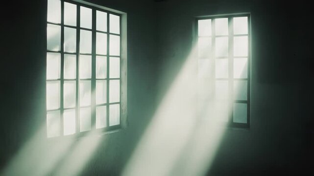 Sunlight beaming through dusty industrial windows creates a dramatic mystical atmosphere in a dark, empty room, highlighting concepts of hope, spirituality, and solitude