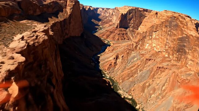 Sweeping drone aerial view gliding over immense weathered canyon walls displaying pronounced stratified fossil patterns and deep ochre coloration vast scale, daylight, Sweeping drone aerial view