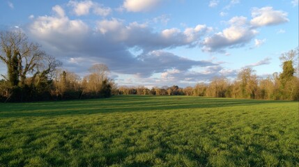 Obraz premium Sunlit green field with blue sky and cloud formation.