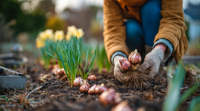 Person planting spring flower bulbs in garden soil