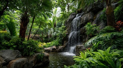 Naklejka premium Lush tropical jungle with serene waterfall and dense greenery.