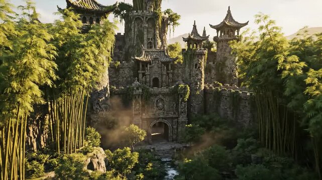 Sweeping drone aerial view slowly descending over a secluded fantasy castle complex built from ancient stone nestled deep within a lush bamboo canopy isolation, tranquility, Sweepingdroneaerialview