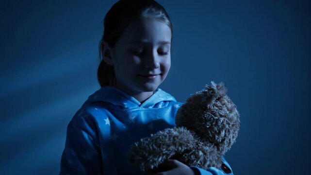 Child with Teddy Bear Under Moonlight - A young girl wearing a star-patterned hoodie holds a teddy bear, bathed in a soft blue light.