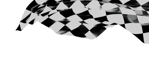 A close-up shot of a waving checkered flag, isolated against a bright white backdrop. Represents victory, competition, a