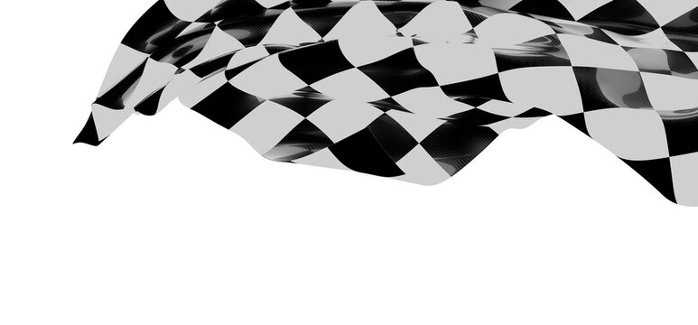 A close-up shot of a waving checkered flag, isolated against a bright white backdrop. Represents victory, competition, a