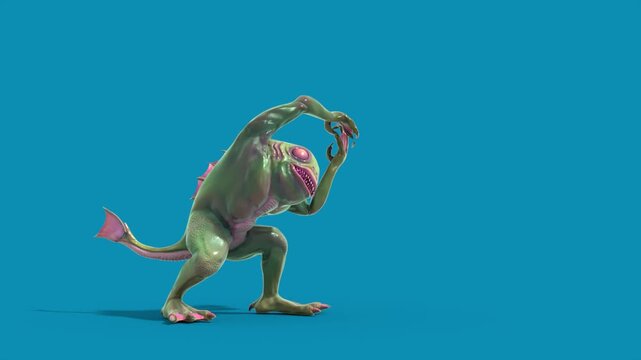 Blue Screen Fish Man Monster Attacks Side Loop 3D Animation Rendering CGI 4K