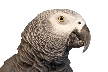 Obraz premium African grey parrot head portrait isolated on transparent background clipart with detailed feathers