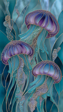 A stained glass effect painting depicting abstract jellyfish in opalescent translucent colors: ocean green, azure, lavender.