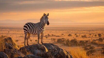 Obraz premium Zebra standing on rocks in african savannah at golden sunset.