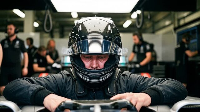 Professional Race Car Driver in Helmet and Suit Sitting in Cockpit Preparing for Competition in Team Garage Pit Box