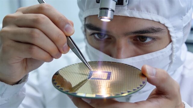 Male Engineer in Cleanroom Suit Examining Semiconductor Silicon Wafer with Tweezers and Magnifying Light in Laboratory