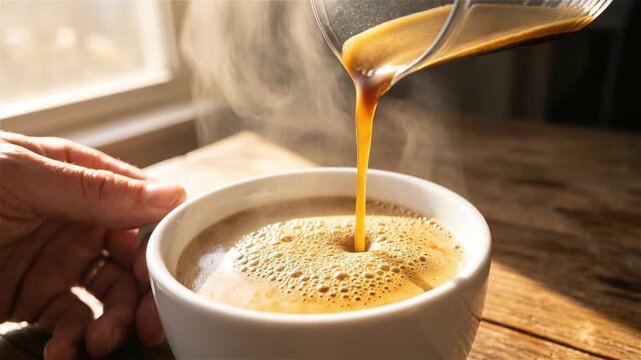 Close up of hot steaming coffee being poured into a white ceramic cup with bubbles and crema on a rustic wooden table in warm morning sunlight.
