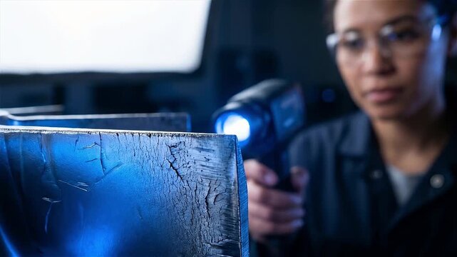 Female Technician Using Handheld Blue Light Scanner for Non-Destructive Testing on Cracked Metal Component in Industrial Laboratory