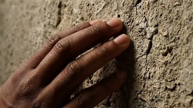 Close-up of a dark-skinned hand gently touching a textured mud adobe wall, exploring the organic surface of traditional building materials.