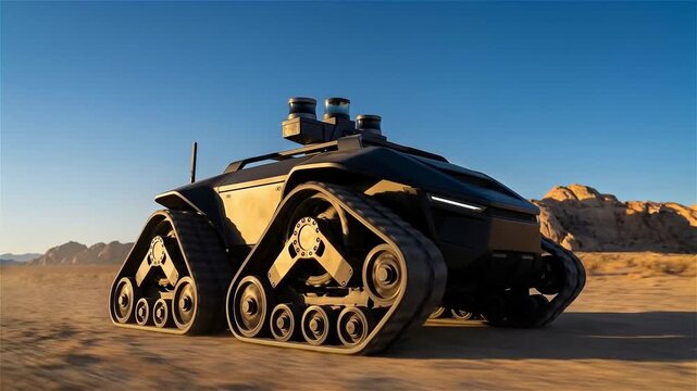 Futuristic Autonomous Tracked Robot Vehicle Navigating Rugged Desert Terrain for Exploration and Surveillance