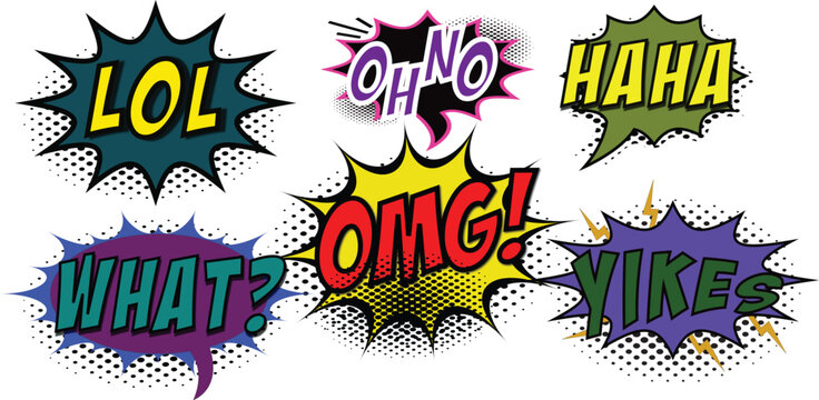 Colorful Comic Pop Art Speech Bubbles Set with Funny Expressions LOL OMG What Oh No Haha Yikes in Retro Halftone Cartoon Style