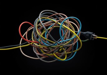 A tangled mess of colorful electrical wiring, cables, and cords creating a visual metaphor for confusion, complexity, and technical problems ,tangle ,electronic ,connection
