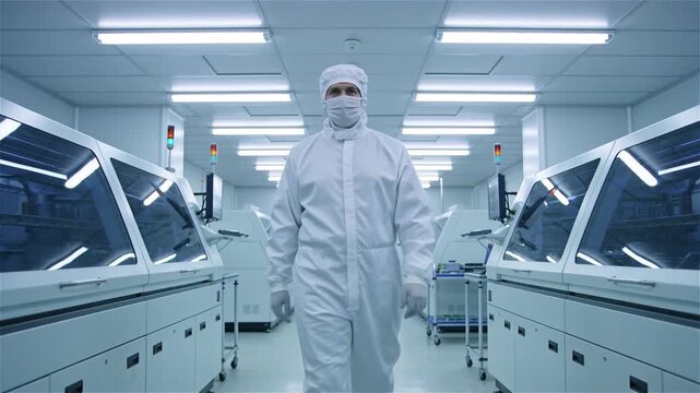 Professional technician in a white protective suit walking through a high-tech semiconductor cleanroom manufacturing facility with sterile laboratory equipment.