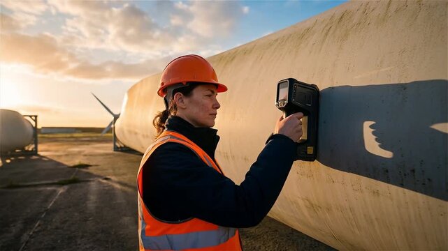 Professional Female Engineer Inspecting a Large Wind Turbine Blade Using a Handheld Industrial Scanner During Golden Hour on a Wind Farm