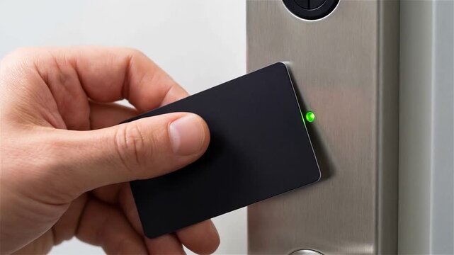 Close Up of Hand Using Black Proximity Keycard on Electronic Door Reader with Green LED Access Light