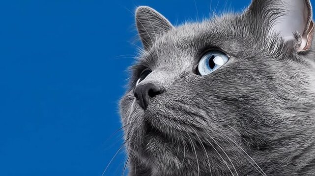Gray cat against bright blue backdrop looking upwards with copy space