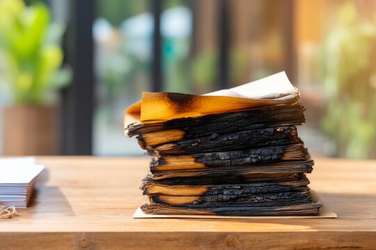 Stack of Damaged Paper Showing Signs of Burn and Survival in Archive Setting