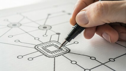 A hand drawing a circuit board design with a pen, illustrating technology and creativity in digital connectivity.
