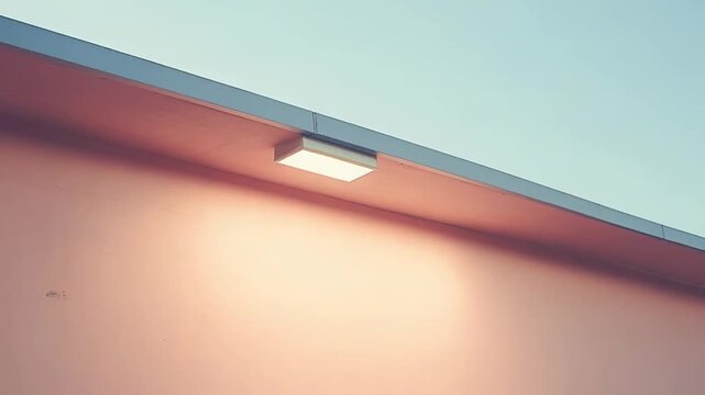 Minimalist architectural detail showing a rectangular light fixture illuminating a soft peach pink wall surface under a clear, pale blue sky, creating a calm, abstract composition