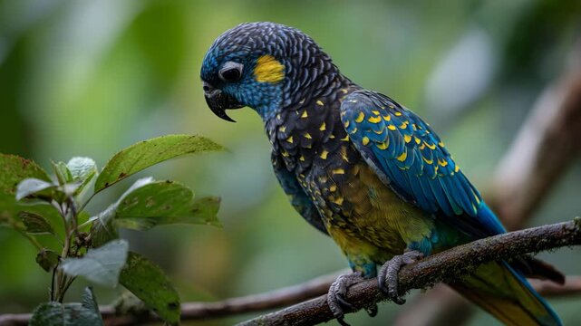 Vibrant blue and yellow parrot perched on branch with green leaves