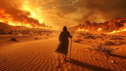 Fototapeta premium Prophet Moses in Fiery Exodus Dramatic Biblical Backview of Moses Walking Through Blazing Desert with Staff, Courage and Divine Journey