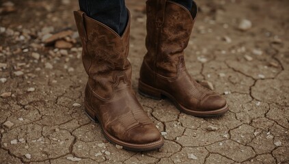 Rugged Cowboy Boots on Dry Ground Worn Leather Boots, Scuffed Work Footwear, Western Heritage, and Desert Trail Detail