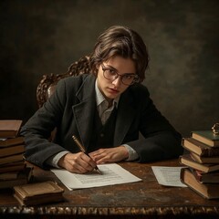 Vintage Scholar Writing with Fountain Pen Focused Retro Student in Academic Study, Old Books   Nostalgic Learning Atmosphere