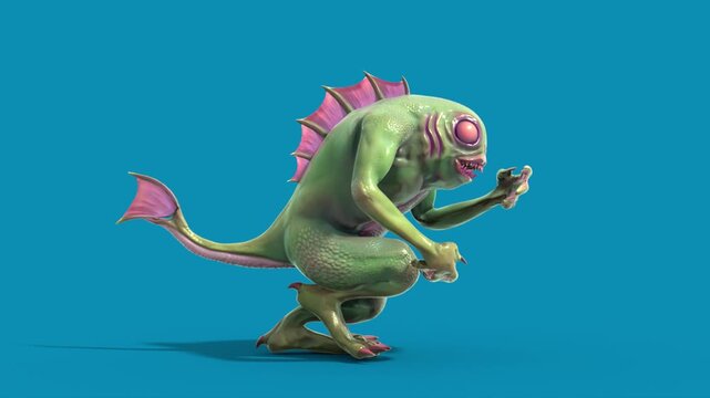Blue Screen Fish Man Monster Runcycle Side Loop 3D Animation Rendering CGI 4K