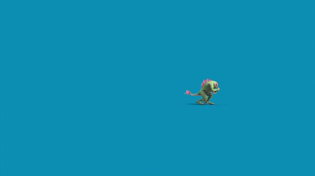 Blue Screen Fish Man Monster Runs Side 3D Animation Rendering CGI 4K