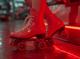 Vintage Red Neon Retro Roller Skates Close Up Dynamic Feet Pose, Professional Commercial  with Vibrant Glow   Nostalgic Aesthetic