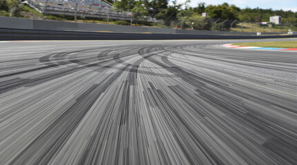 Racing track dynamic asphalt surface motion blur with tire marks